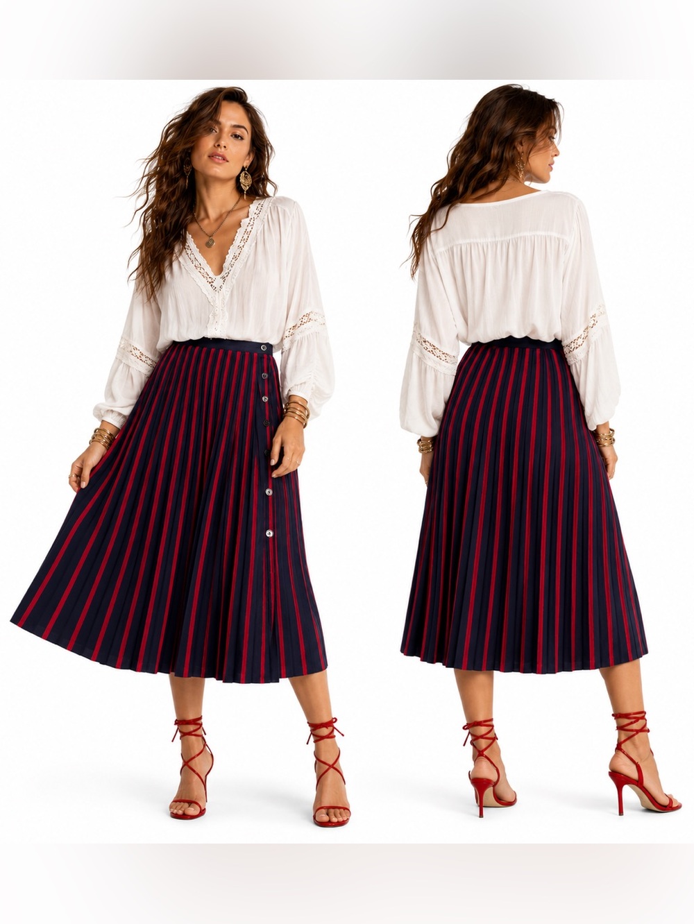FRNCH Pleated Stripe Skirt Womens SZ L Preppy Coastal Chic French Girl Nautical